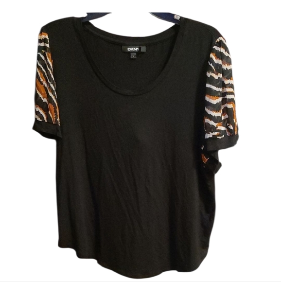 Dkny Tops - DKNY Black Tee with Vibrant Patterned Sleeves